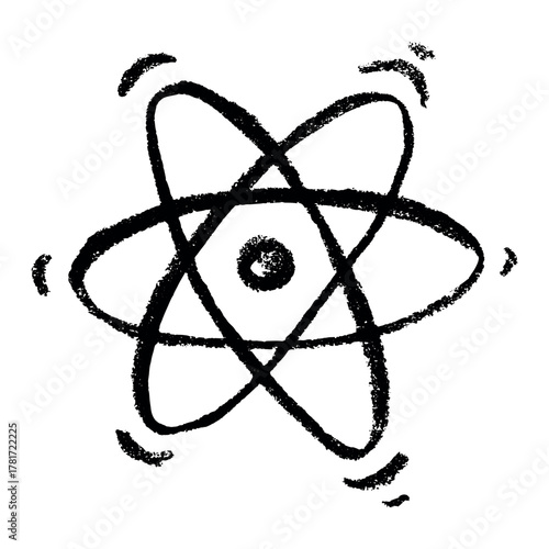 Hand drawn atom sign Molecule clipart in doodle style Single element for print, web, design, decor Symbol of science, education, nuclear energy, scientific research, molecular chemistry
