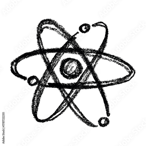 Hand drawn atom sign Molecule clipart in doodle style Single element for print, web, design, decor Symbol of science, education, nuclear energy, scientific research, molecular chemistry