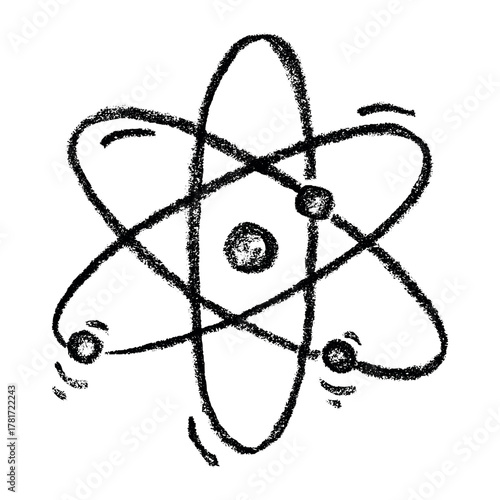 Hand drawn atom sign Molecule clipart in doodle style Single element for print, web, design, decor Symbol of science, education, nuclear energy, scientific research, molecular chemistry