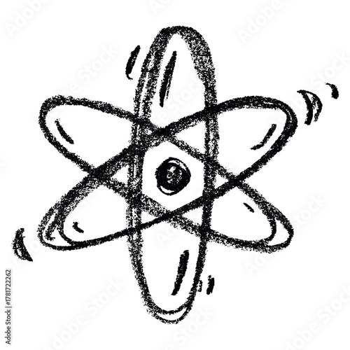 Hand drawn atom sign Molecule clipart in doodle style Single element for print, web, design, decor Symbol of science, education, nuclear energy, scientific research, molecular chemistry