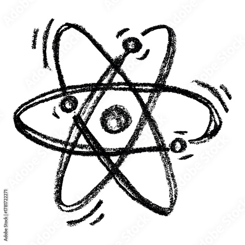 Hand drawn atom sign Molecule clipart in doodle style Single element for print, web, design, decor Symbol of science, education, nuclear energy, scientific research, molecular chemistry