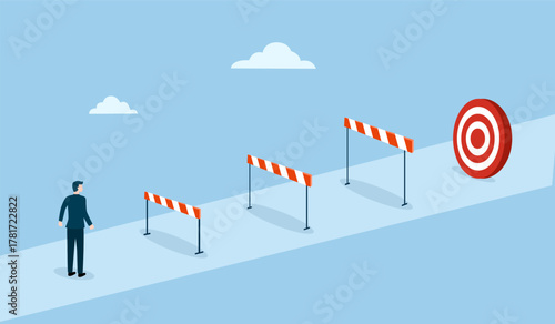 Overcome obstacles and success concept, obstacles or motivation to solve problem and lead company achievement, businessman jumping over hurdle race obstacle