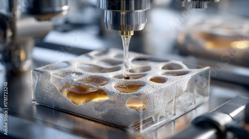 Synthetic Biology concept , Microfluidic synthetic skin biofabrication lab device porous structure clear block silver metal