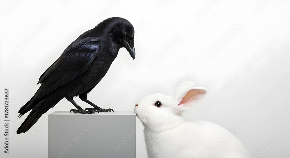 Obraz premium Contrasting Creatures A Striking Image of a Black Crow and a White Rabbit Together