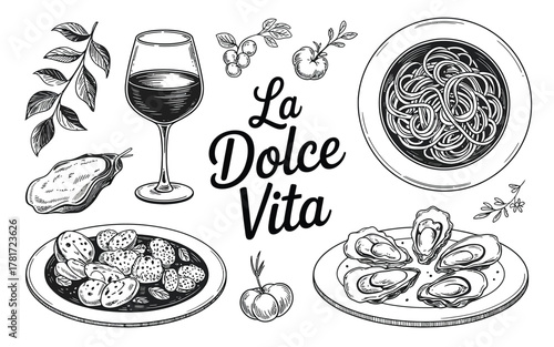 Italian food illustration with pasta, oysters, and wine