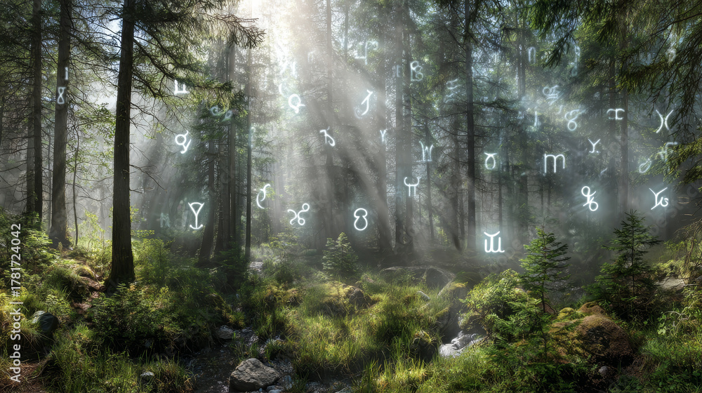 Obraz premium Mystical forest zodiac symbol sunlight ray evergreen tree moss stream foggy ethereal mood glow
