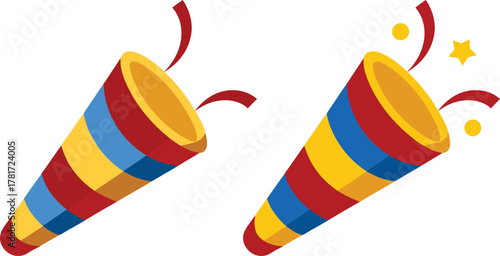 Two colorful party poppers exploding with streamers and confetti celebrating a festive occasion