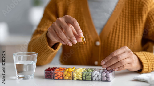 Vitamin D supplementation concept , Hand organizing vitamin D softgel pill organizer table daily routine health care calm