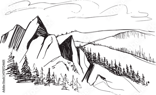 Mountain peaks and pine trees sketch mountains pines