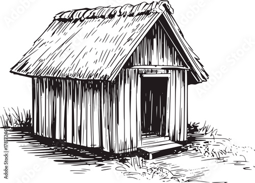 Rustic wooden hut with thatched roof sketch