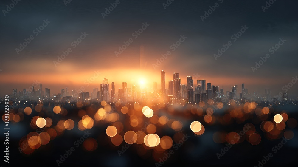 Naklejka premium Dreamy sunset city skyline with warm glowing bokeh lights golden evening haze and soft urban silhouettes creating a tranquil atmospheric background for print web and social media