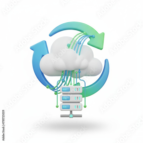 Cloud computing 3d icon shows server sync with arrows and data flow calm