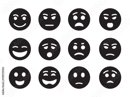 Silhouette Collection of facial expression emoticons displayed in a grid black and white vector illustration