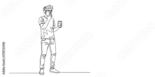 Minimalist line art illustration of a casually dressed person wearing headphones, holding a coffee cup, and yawning. Ideal for lifestyle content,  wellness themes, social media graphics