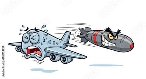 Cartoon Airplane Fleeing Aggressive Bomb A Humorous Depiction of Fear and Pursuit