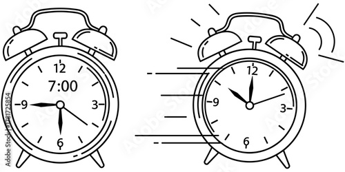 Alarm clock illustration showing two analog clocks with different times, one calm and one ringing with motion lines and sound waves