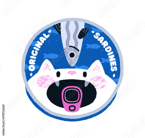 Sardines in can. Canned ocean fish, sea food in metal tin packaging with cute funny doodle design. Seafood, Italian product in round container. Flat vector illustration isolated on white background