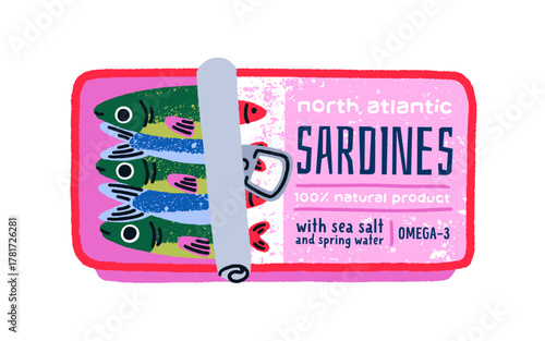Canned sardines. Atlantic fishes preserved in can, salted seafood in metal packaging in doodle style. Sea food product, snack in tin container. Flat vector illustration isolated on white background