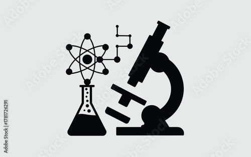 Science: atom, microscope, and laboratory flask