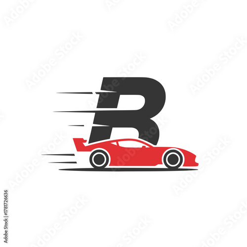 Letter B with red racing car logo concept, Stylized logo featuring a sleek red racecar speeding in front of a bold black letter B, ideal for motorsport branding.

