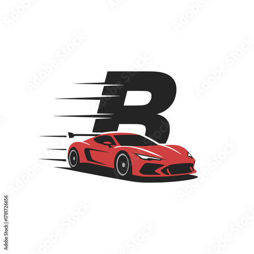 Letter B with red racing car logo concept, Stylized logo featuring a sleek red racecar speeding in front of a bold black letter B, ideal for motorsport branding.

