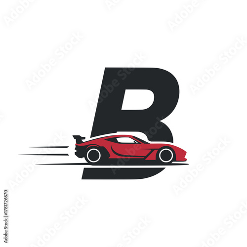 Letter B with red racing car logo concept, Stylized logo featuring a sleek red racecar speeding in front of a bold black letter B, ideal for motorsport branding.

