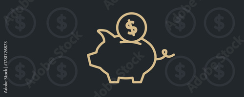line art illustration of a piggy bank receiving a dollar coin on a dark background, surrounded by subtle dollar symbols, representing saving, finance, investment, and wealth.