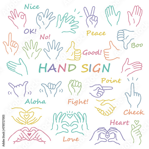 
手描き　ハンドサイン　イラストセット　カラー