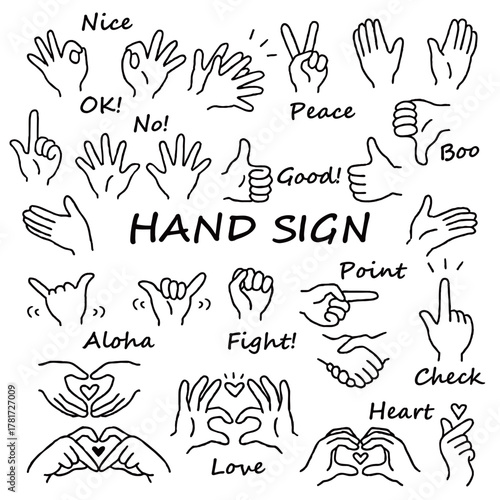 手描き　ハンドサイン　イラストセット　モノクロ