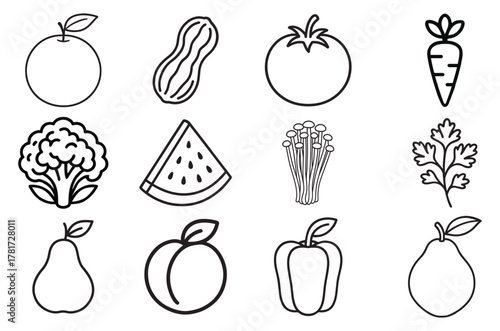 Simple line drawing illustration showing a variety of fresh fruits and vegetables icon silhouette