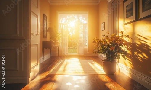 Sunlight streaming into a peaceful home entrance hallway, creating a warm and inviting atmosphere. This serene image is ideal for promoting home design concepts, interior decor, Generative AI