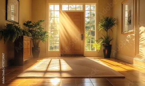 Sunlight streaming into a peaceful home entrance hallway, creating a warm and inviting atmosphere. This serene image is ideal for promoting home design concepts, interior decor, Generative AI