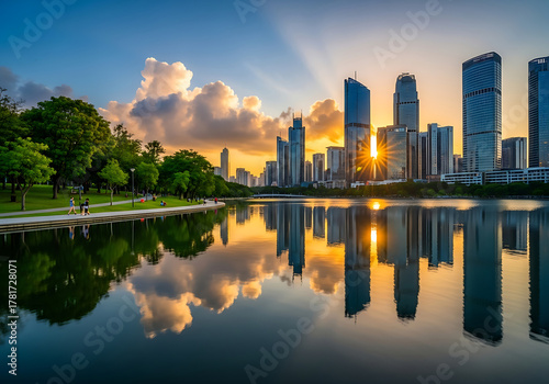 Modern city skyline panorama at golden hour, vibrant sunset reflection on tranquil lake surface with urban park and walking people.