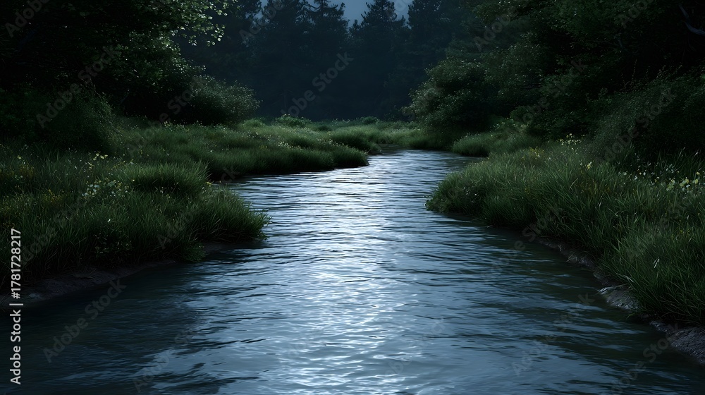 Fototapeta premium A tranquil river winds through a lush green forest under soft dim evening light