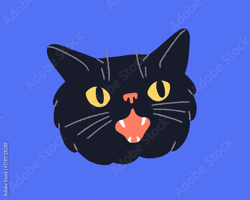 Funny cat with shocked amazed surprised emotion, face expression. Cute kitty, black feline animal head with comic amazement, humorous emoji character with open mouth. Flat vector illustration