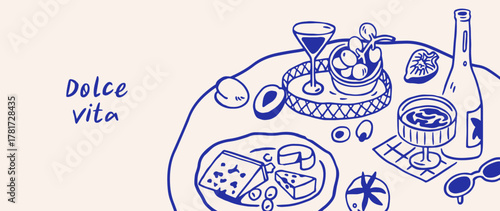 Dolce vita banner design with Italian food, snacks on table. Italy cuisine, summer holiday background with doodle-style Mediterranean kitchen, wine bottle and cheese. Hand-drawn vector illustration