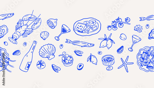 Dolce Vita pattern. Italian food, seamless background, texture for textile, wrapping design. Italy doodles, sketch drawings, repeating Mediterranean cuisine print. Hand-drawn vector illustration