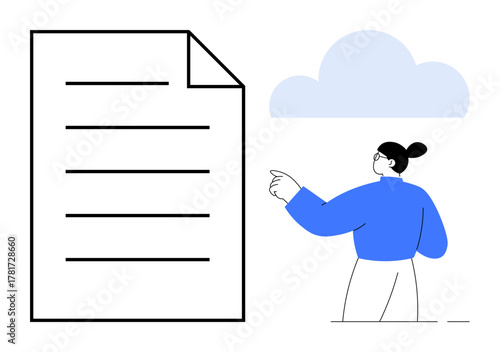 Woman gesturing to a cloud beside a document with lines. Ideal for cloud storage, digital file management, online platforms, organization, collaboration, technology, modern workflow. Simple flat