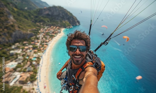 Happy paraglider taking a selfie in mid-air, capturing the thrill of extreme sports. The image conveys the excitement of outdoor adventures, ideal for promoting extreme sports, Generative AI