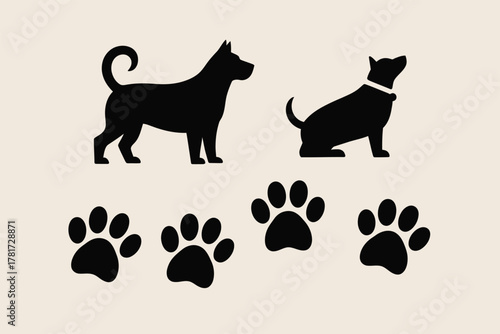 Dog silhouettes and paw prints