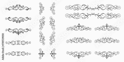 Collection of elegant black ornamental dividers and decorative elements on a white background