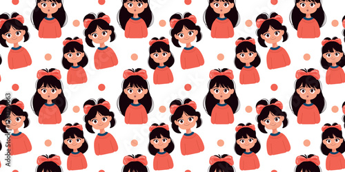 vector illustration cute girls portraits seamless pattern