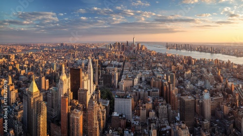 Expansive panoramic view of the New York City cityscape glowing under a warm colorful sunset sky