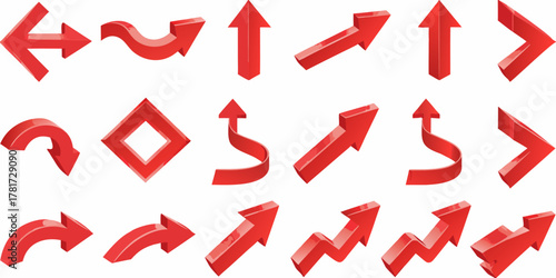Collection of various red 3d arrows pointing in different directions and shapes on a white background
