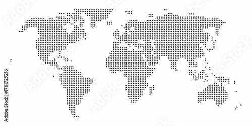 World map composed of small dark dots on a white background representing global geography