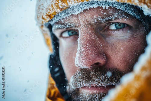 Close-up of a hiker in snowy winter conditions, representing extreme sports and adventure. The image emphasizes outdoor exploration and physical endurance, ideal for winter sports, Generative AI