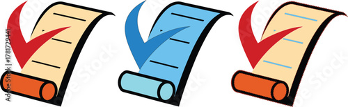 Three rolled documents with checkmarks indicating approval or completion
