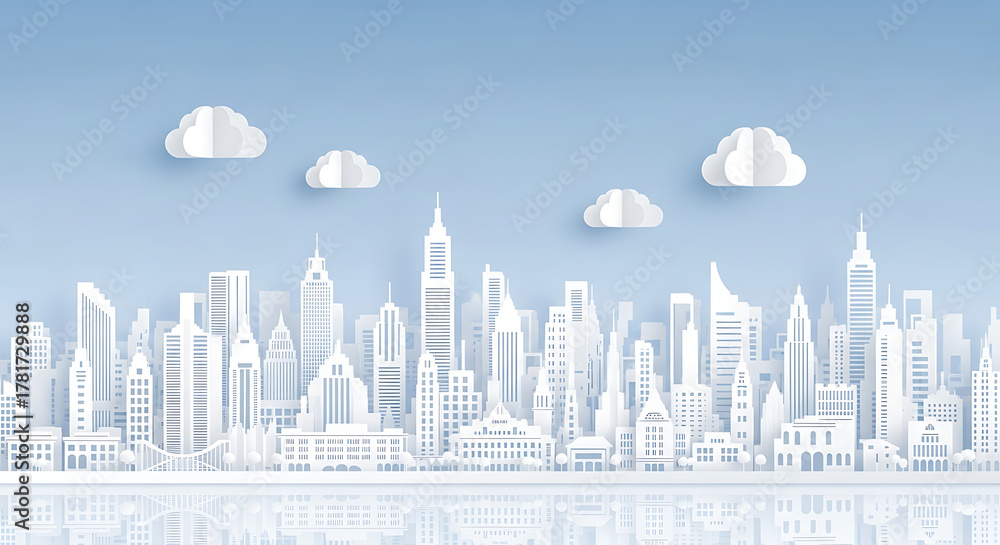 Fototapeta premium Paper cut art cityscape with modern buildings, skyscrapers, and a waterfront reflection under a serene blue sky and white clouds.