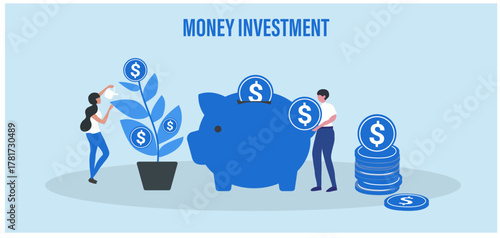 Money investment. Big Piggy Bank and Stack of Money. Insurance and Funded financial investment planning savings