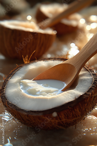 Coconut milk from a coconut in a wooden spoon, fresh tropical fruits